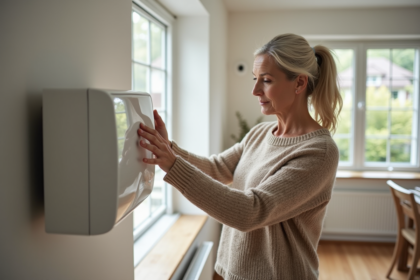 Femme examinant une pompe à chaleur murale moderne dans son salon