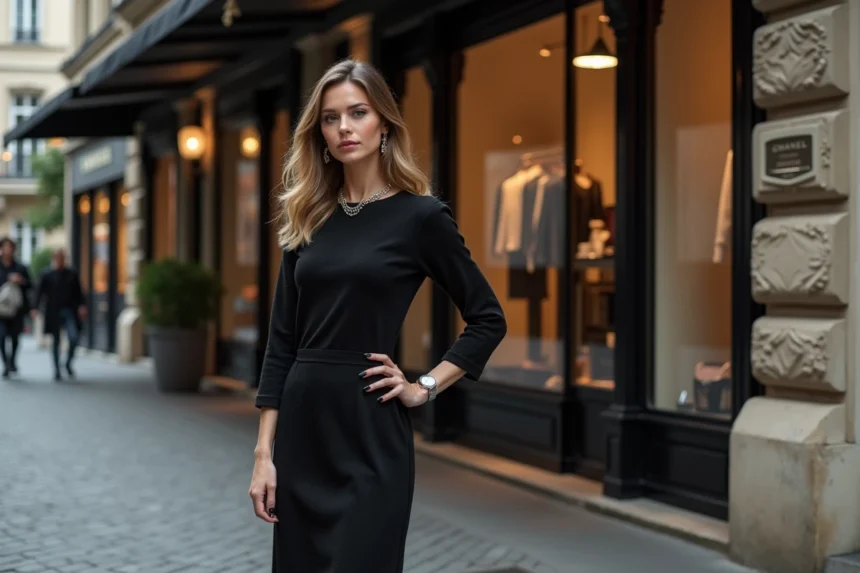 Femme élégante en robe noire devant une boutique parisienne
