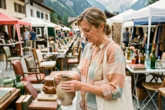 Femme chinant une cruche en céramique vintage sur un vide grenier en Savoie lors d'un week-end ensoleillé