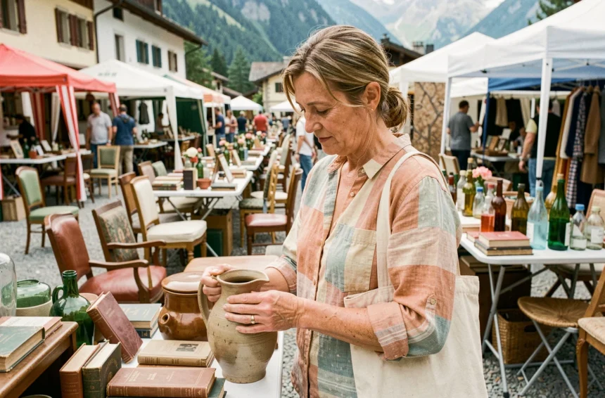 Femme chinant une cruche en céramique vintage sur un vide grenier en Savoie lors d'un week-end ensoleillé
