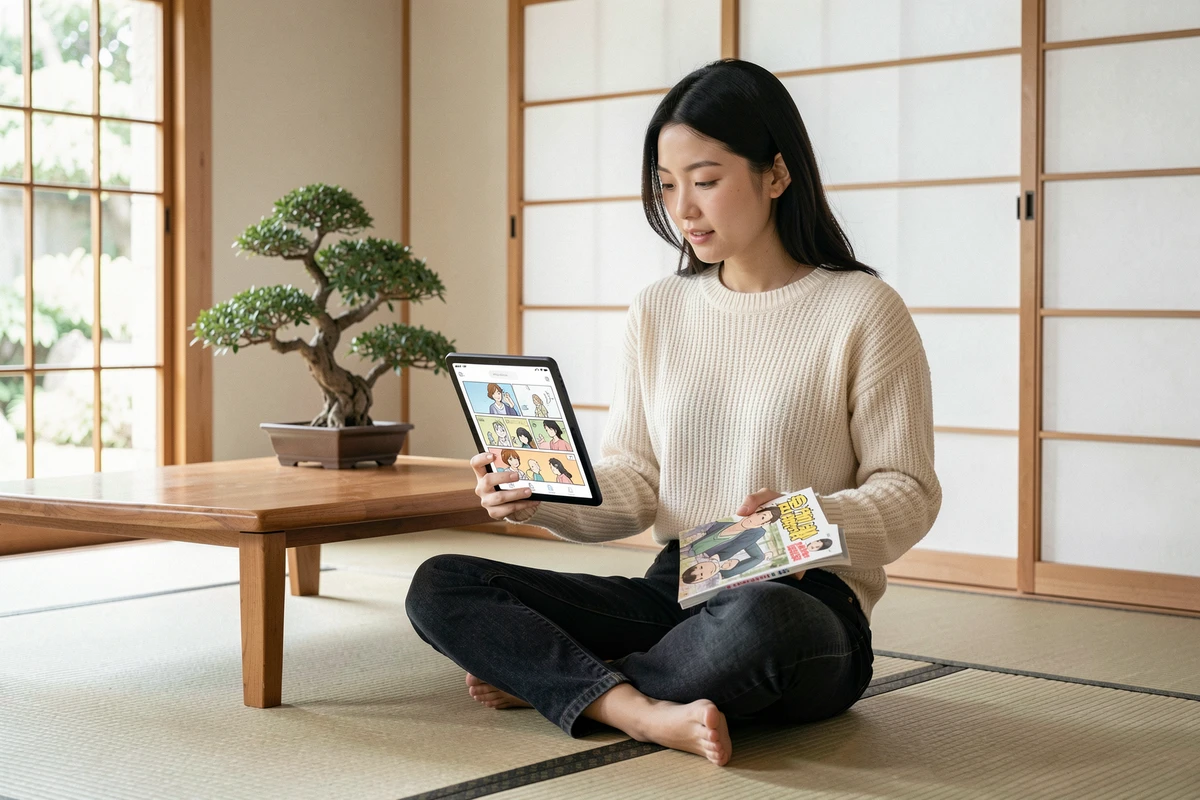 Femme asiatique comparant un webtoon sur tablette et un manga physique dans un salon japonais minimaliste