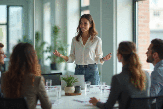 Femme confiante en réunion dans un bureau lumineux