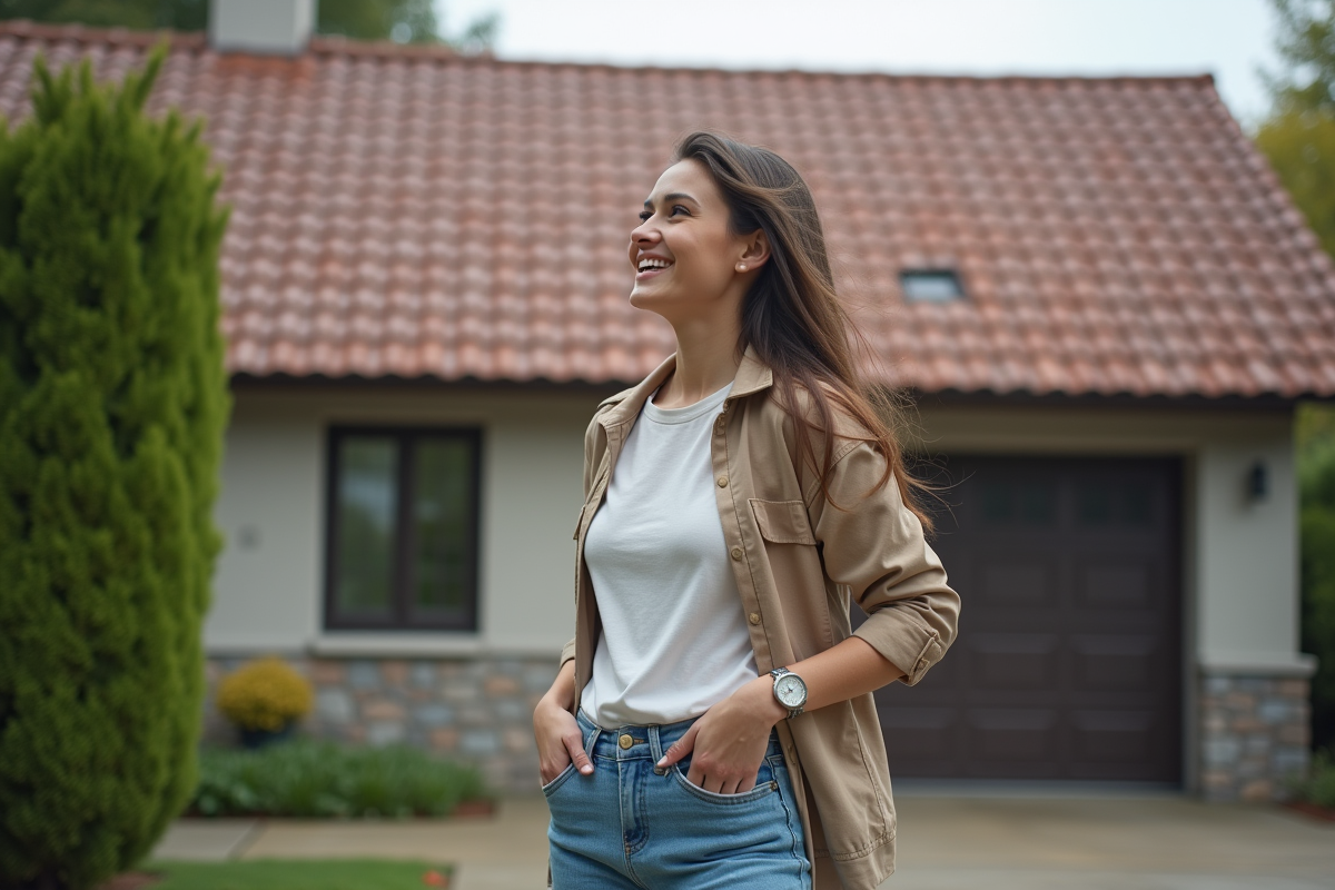 Jeune femme inspectant un toit propre dans une cour
