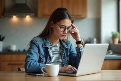 Jeune femme lisant avis clients sur son ordinateur portable