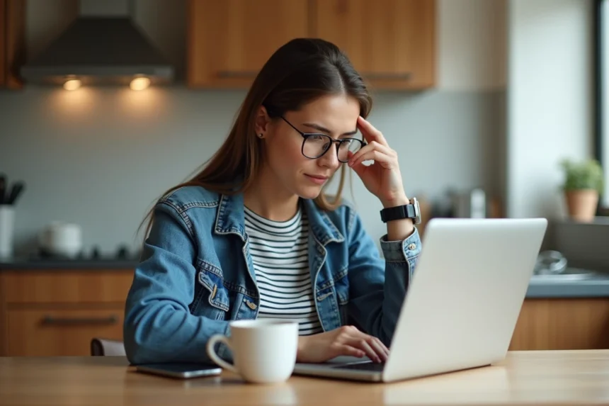 Jeune femme lisant avis clients sur son ordinateur portable