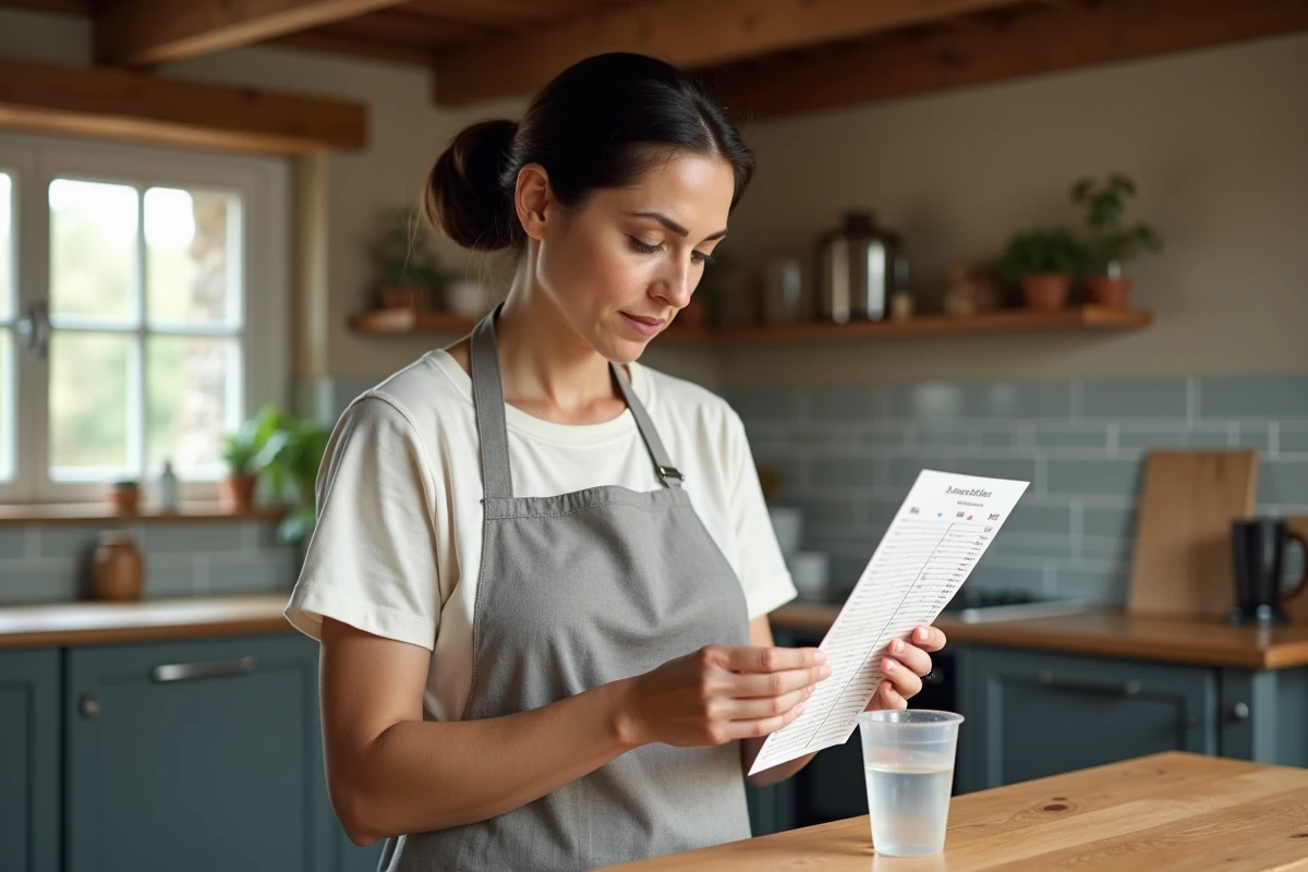 Femme consultant un tableau de conversion ml en litres tout en mesurant 50 ml de liquide dans une cuisine rustique