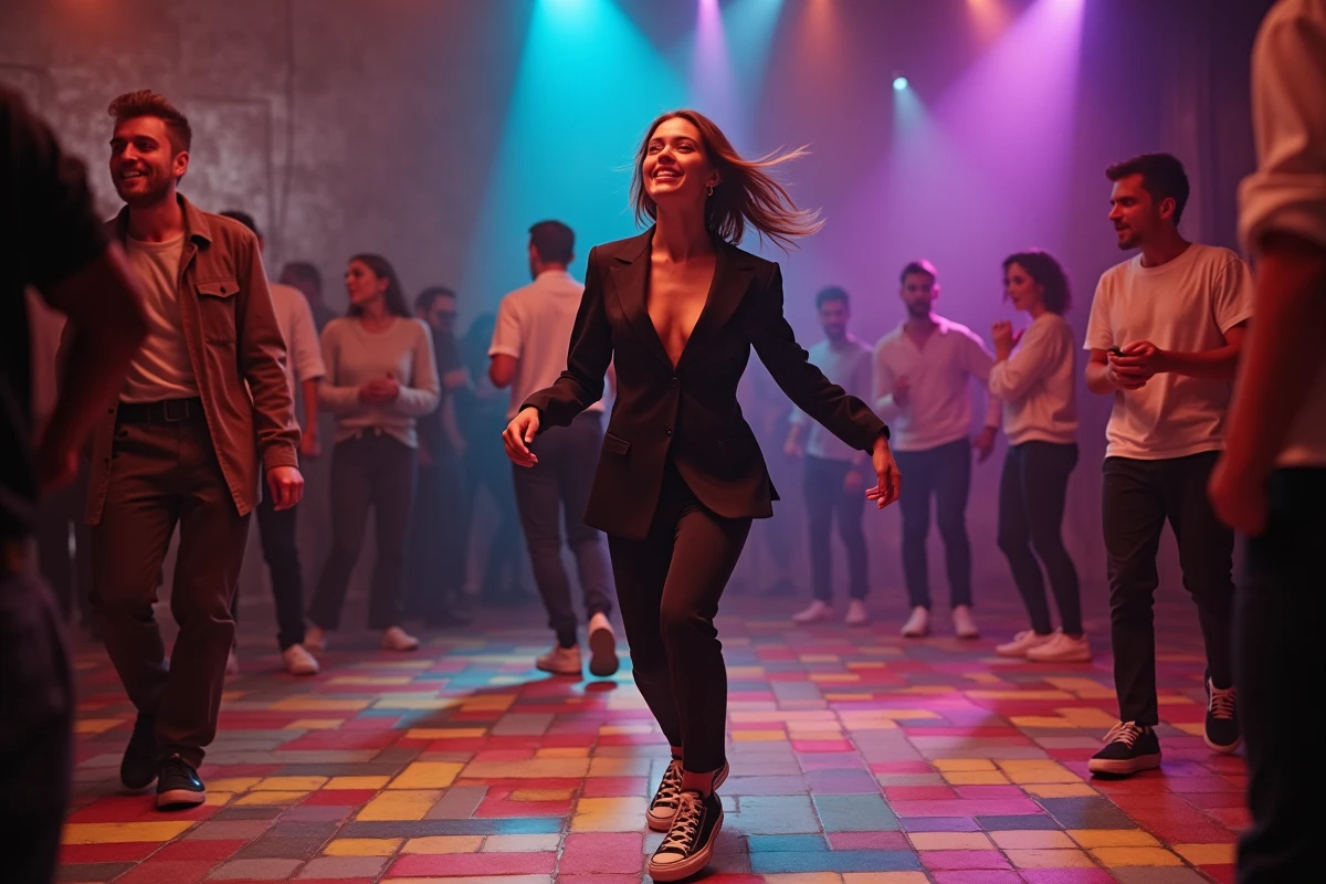 Jeune femme dansant seule sur la piste à Lille en soirée