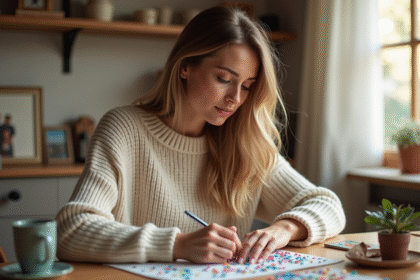 Femme concentrée réalisant une peinture diamant dans une cuisine chaleureuse