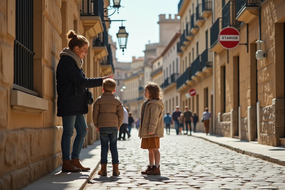 Une femme et deux enfants pointent une vieille bâtisse dans une place