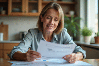 Femme d'âge moyen analysant des documents financiers à la maison