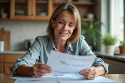 Femme d'âge moyen analysant des documents financiers à la maison