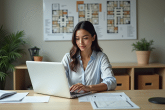 Femme professionnelle en bureau de gestion immobilière