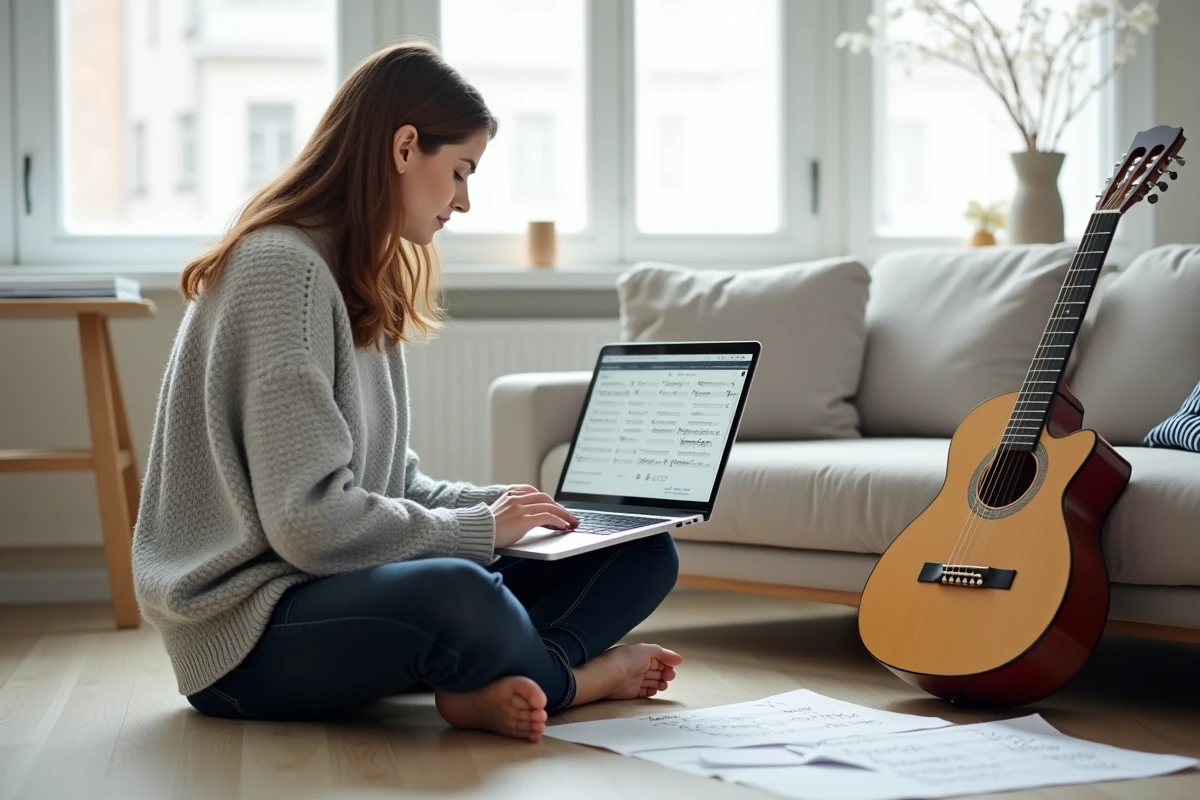 Femme apprenant la guitare classique avec des partitions gratuites téléchargées sur un ordinateur portable dans un salon minimaliste