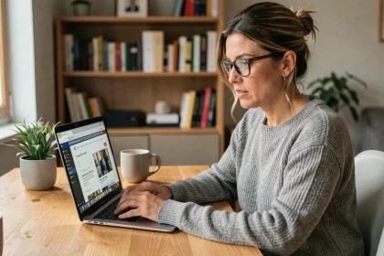 Femme consultant le site d'actualité pexlyn.fr sur son ordinateur portable dans un bureau à domicile moderne