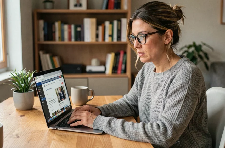 Femme consultant le site d'actualité pexlyn.fr sur son ordinateur portable dans un bureau à domicile moderne