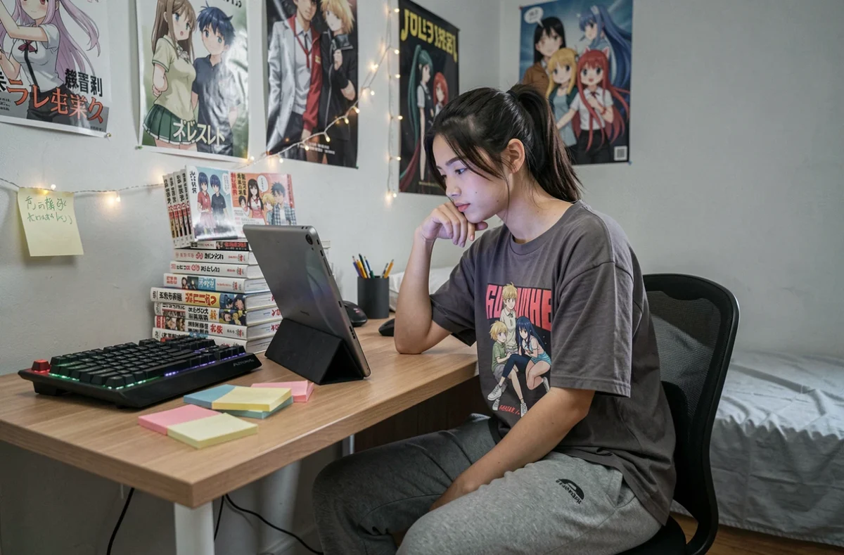 Jeune femme otaku lisant des scans de manga sur une tablette dans sa chambre décorée d'affiches d'anime