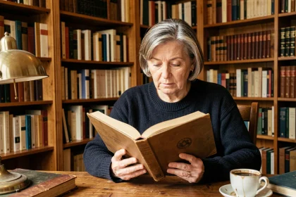 Femme passionnée d'histoire parcourant un livre sur l'histoire de France dans une bibliothèque personnelle