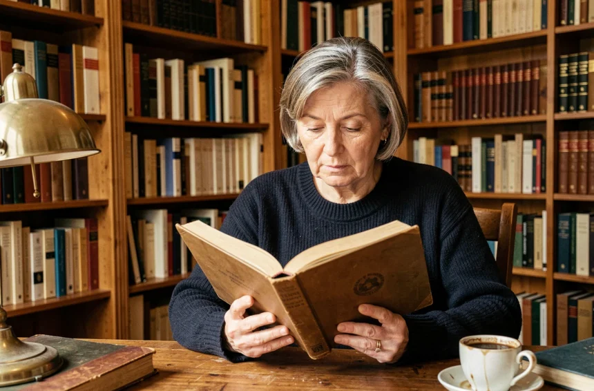 Femme passionnée d'histoire parcourant un livre sur l'histoire de France dans une bibliothèque personnelle