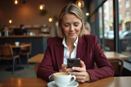 Femme mature élégante consultant une application de rencontres sur son smartphone dans un café moderne