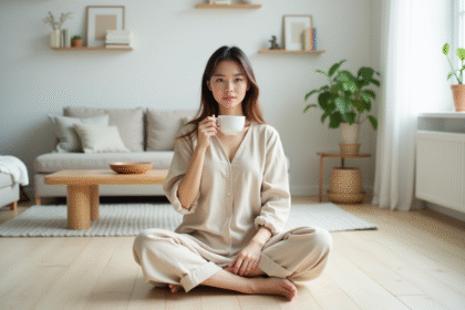 Femme en robe beige sirotant un thé dans un salon minimaliste