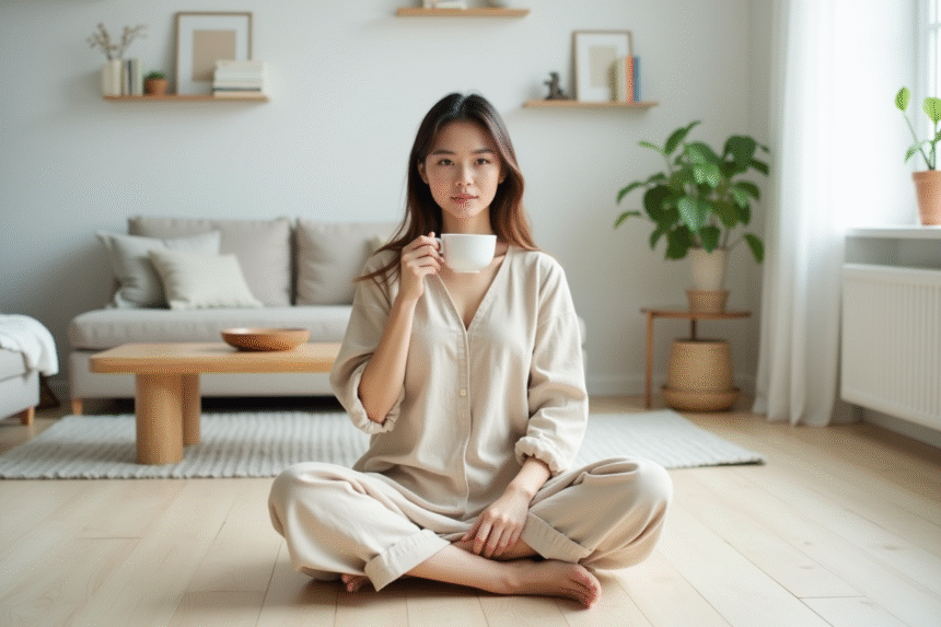 Femme en robe beige sirotant un thé dans un salon minimaliste