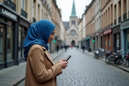 Femme musulmane en hijab bleu vérifiant prière dans la rue de Valenciennes