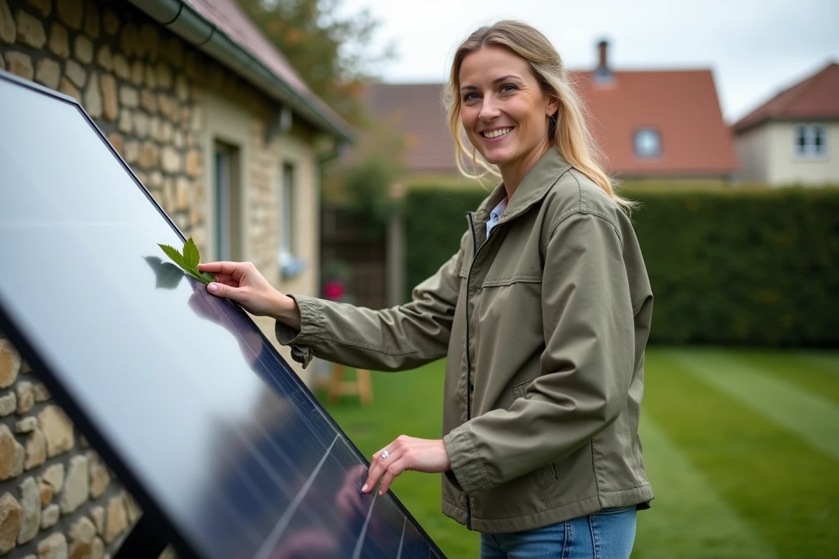 Femme nettoyant un panneau solaire dans son jardin