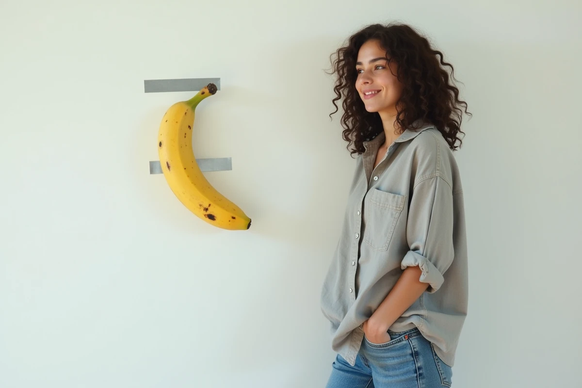 Jeune femme observant une banane scotchée au mur dans une galerie d'art moderne, réaction face à l'art viral contemporain
