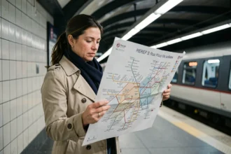Femme consultant un plan du RER parisien en version papier dans une station de métro RER