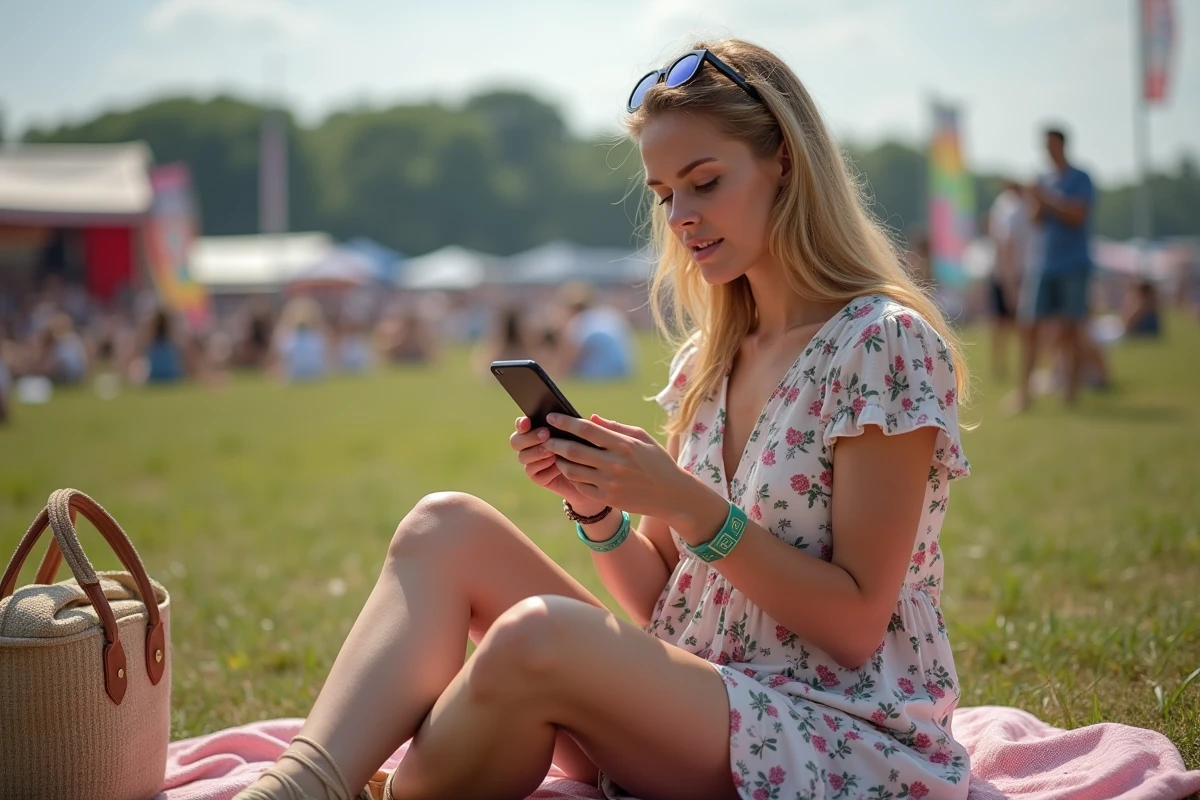 Jeune femme consultant le programme du festival Vieilles Charrues sur son smartphone dans la prairie