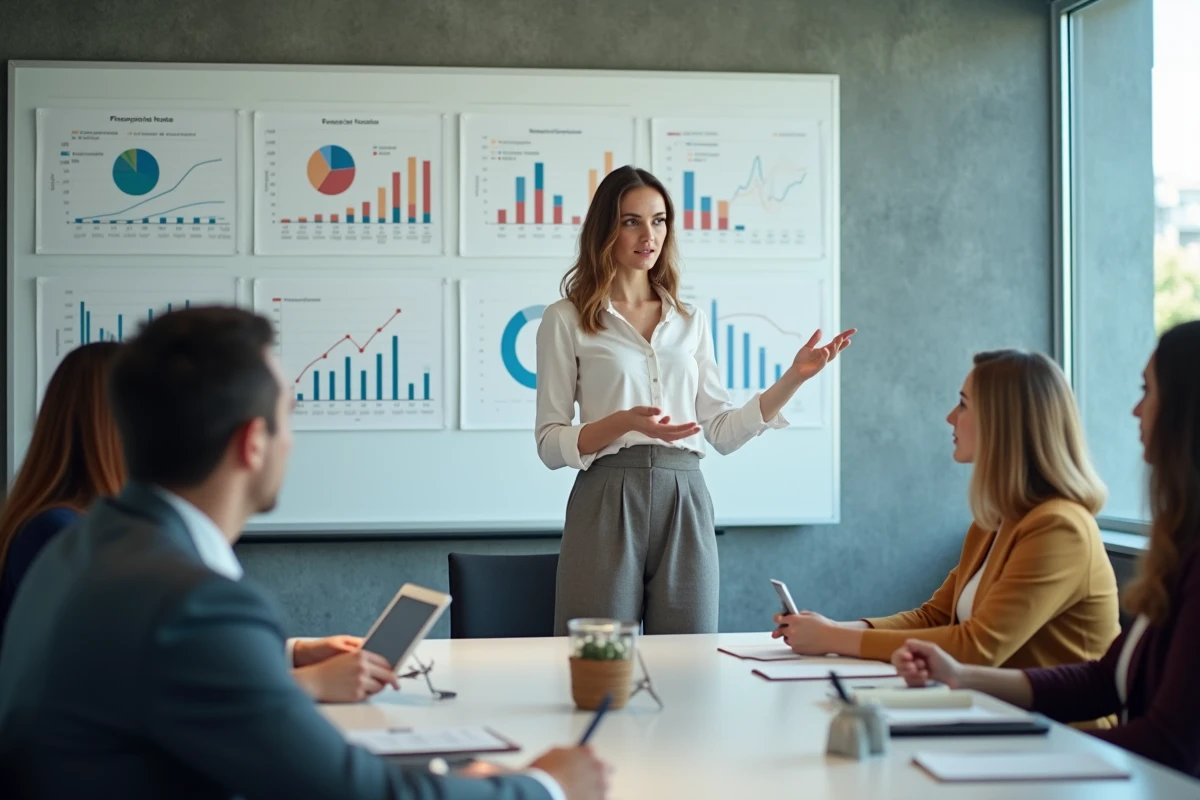 Jeune femme expliquant des graphiques à une équipe en réunion