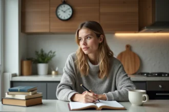 Femme pensante écrivant dans un journal dans une cuisine moderne