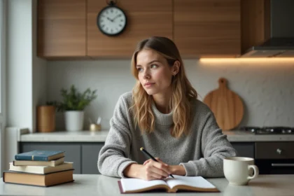 Femme pensante écrivant dans un journal dans une cuisine moderne