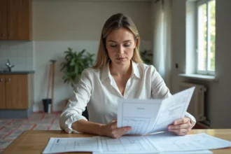 Femme d affaires examine des plans de renovation dans une cuisine moderne