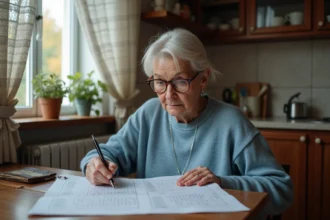 Femme roumaine concentrée sur un puzzle dans sa cuisine