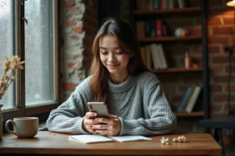Jeune femme seule tenant son téléphone avec tendresse près d'une fenêtre pluvieuse, évoquant l'amour à longue distance