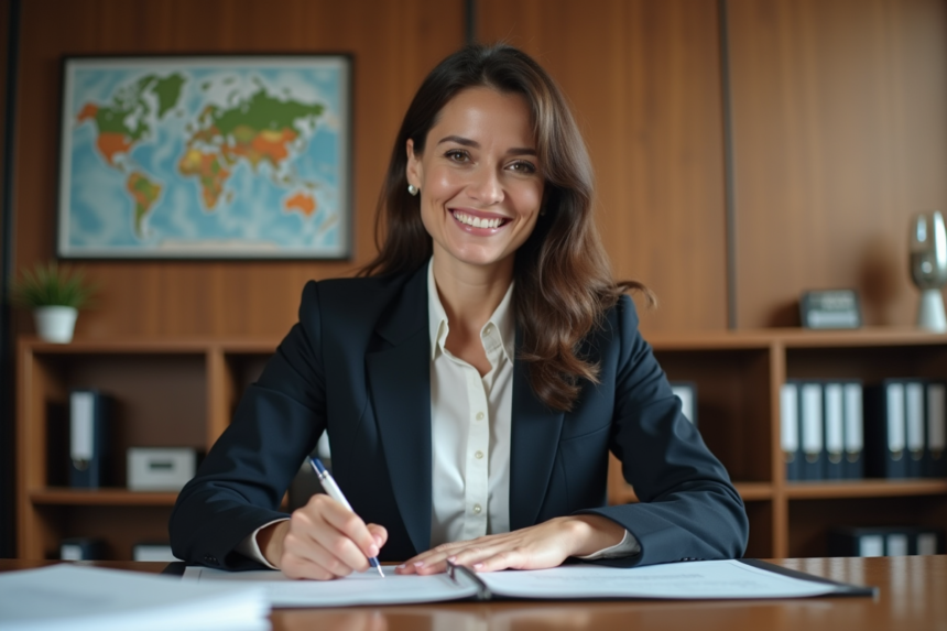 Femme en costume signant des documents officiels au bureau