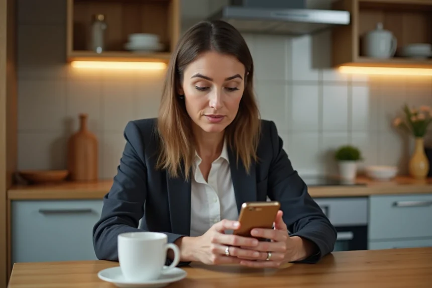 Femme d'âge moyen regardant son smartphone dans la cuisine