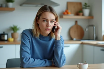 Femme en cuisine avec smartphone à l'oreille