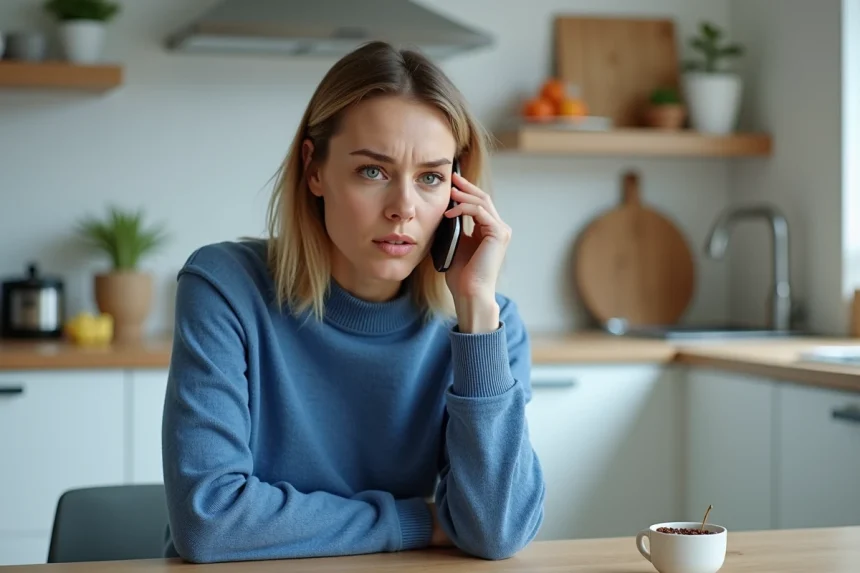Femme en cuisine avec smartphone à l'oreille