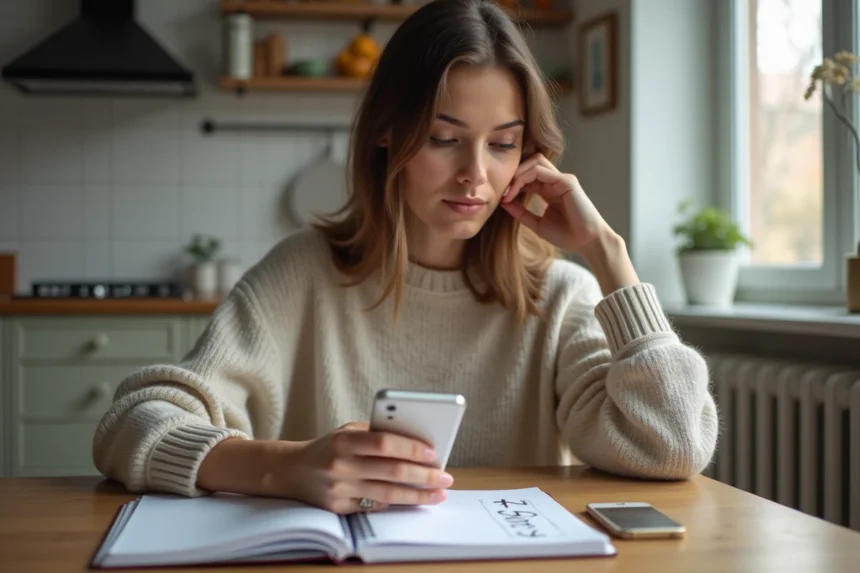 Jeune femme à la cuisine avec smartphone et carnet