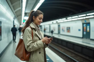 Femme utilisant son smartphone connecté au Wi-Fi dans une station du métro parisien ligne 14