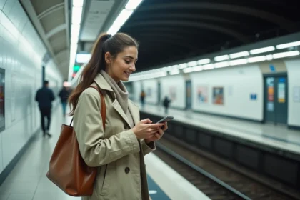 Femme utilisant son smartphone connecté au Wi-Fi dans une station du métro parisien ligne 14