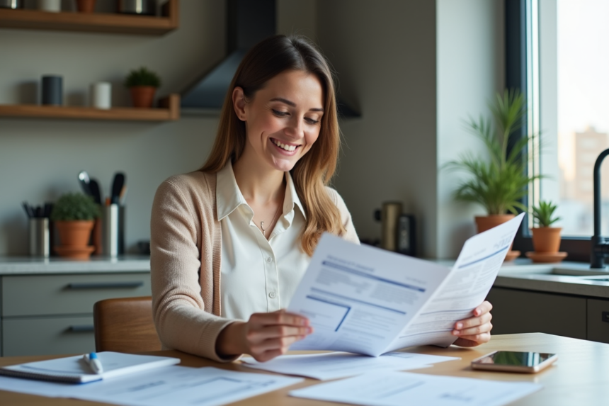 Femme souriante vérifiant des brochures santé à la maison