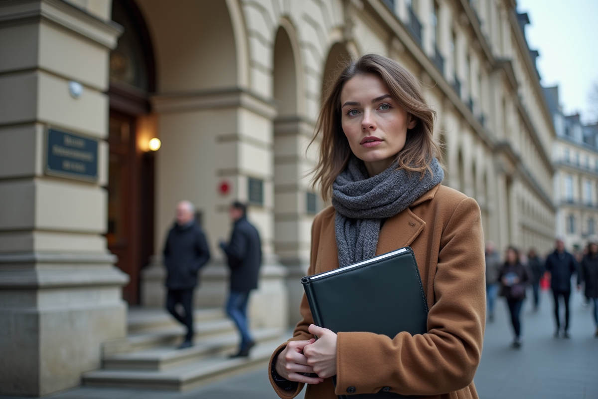 Jeune femme devant un bâtiment administratif fiscal parisien