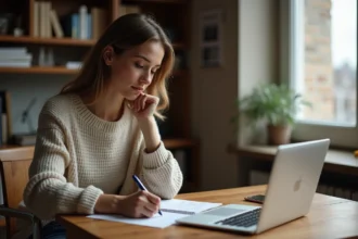 Femme concentrée traduisant des paroles dans un bureau cosy