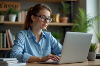 Jeune femme au bureau à domicile regardant un site d'actualités