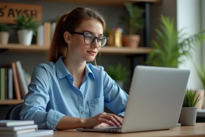 Jeune femme au bureau à domicile regardant un site d'actualités