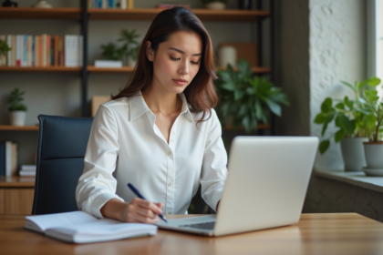 Jeune femme professionnelle travaillant à domicile avec un ordinateur