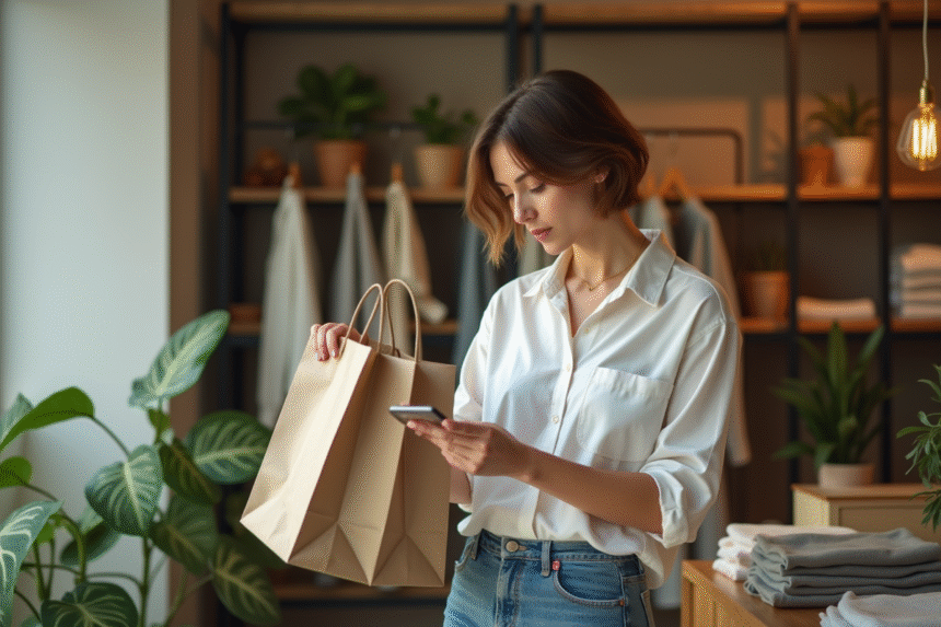 Femme lisant une étiquette de vêtement dans une boutique écologique